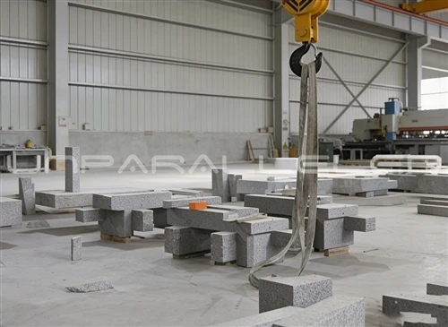 machined granite components stored in production workshop
